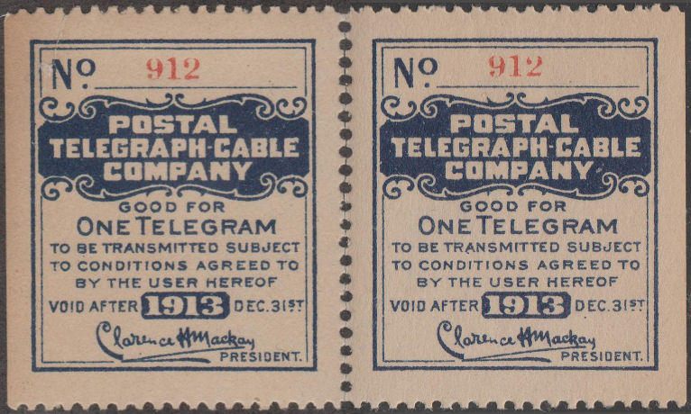 USA Postal Tel-Cable 1913 - One Telegram - 912 pair