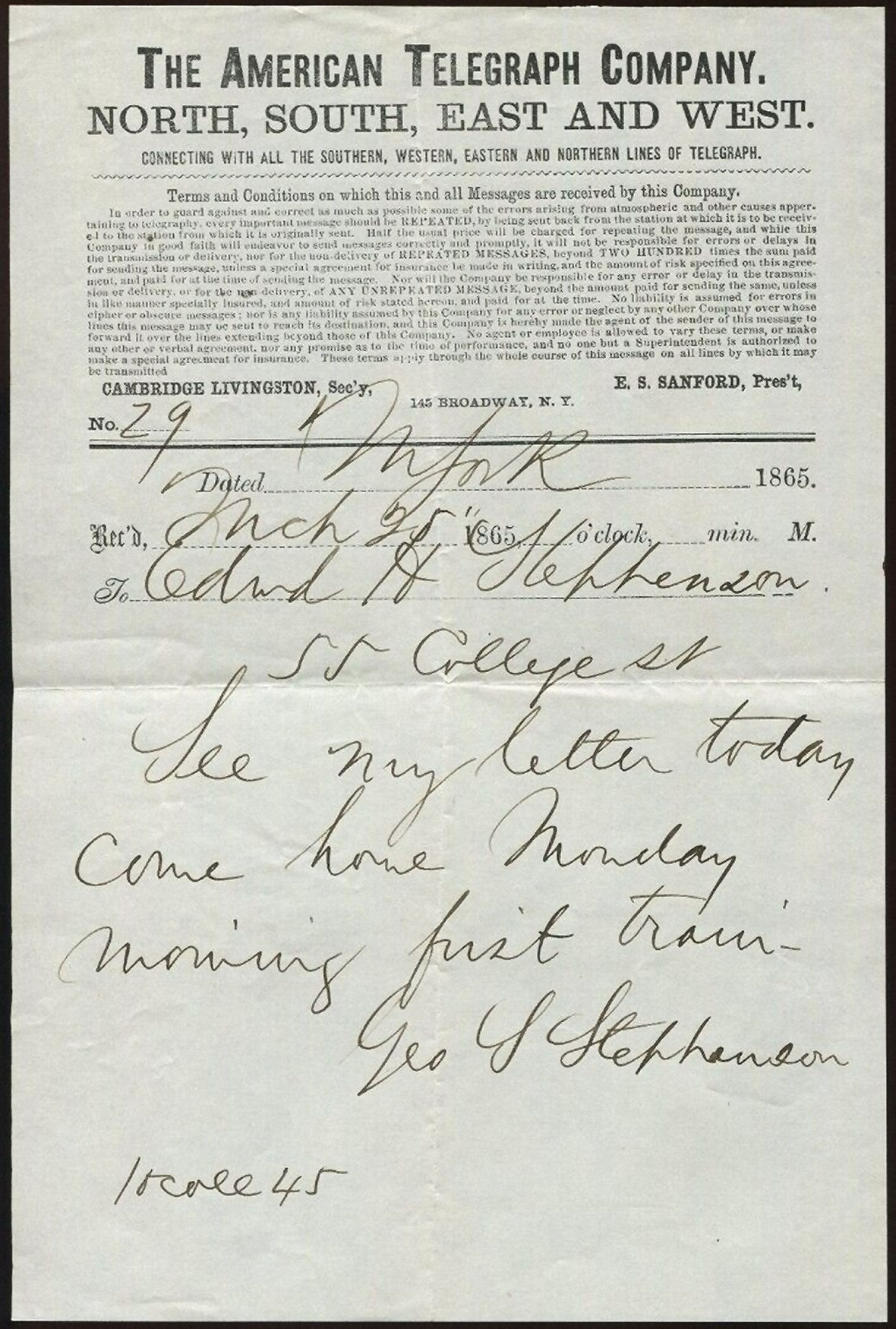 American Telegraph Co. form - 1864