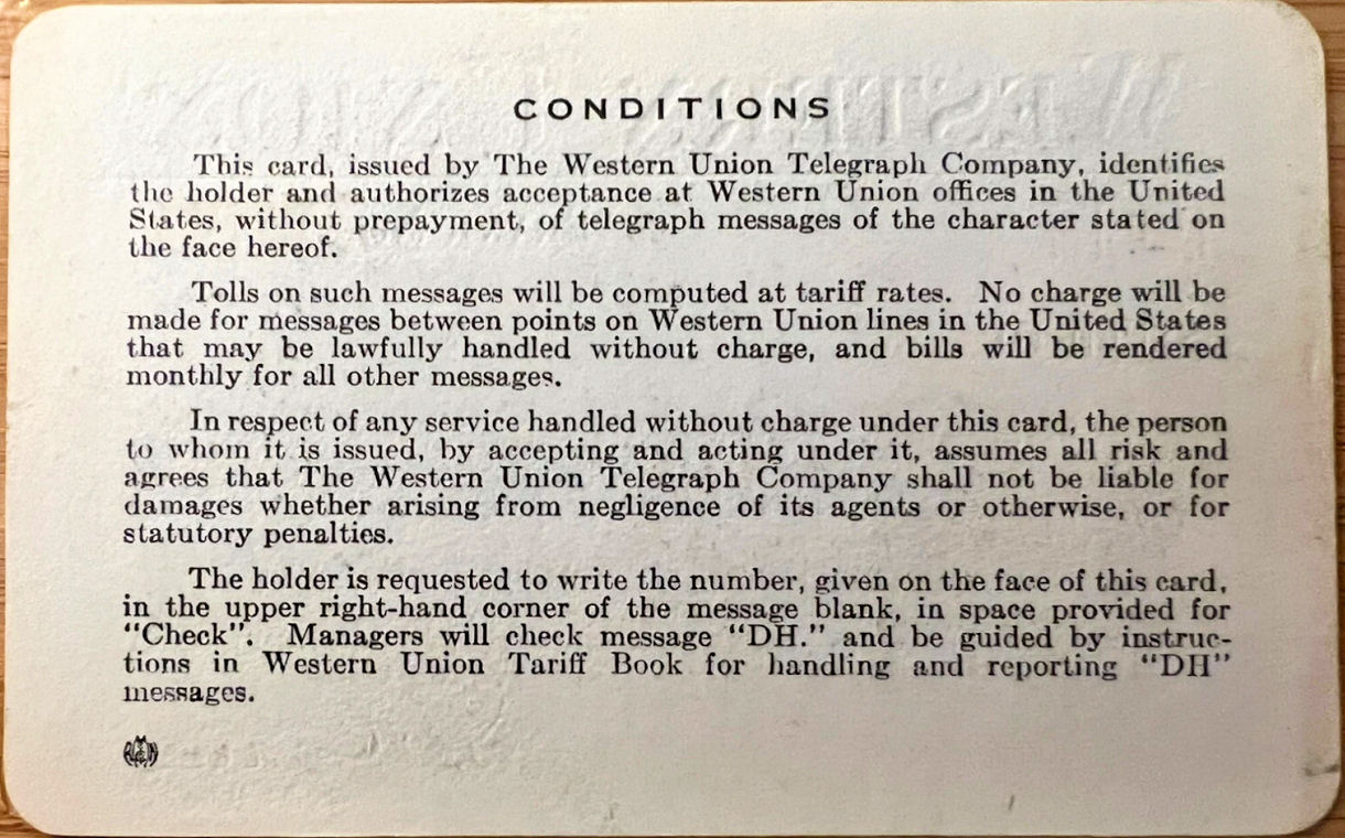 Western Union Personal Frank 1947 - back