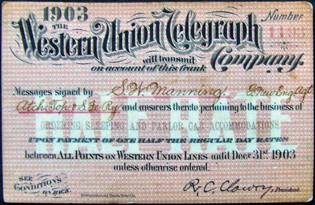 Western Union Business Frank 1903 half rate . front