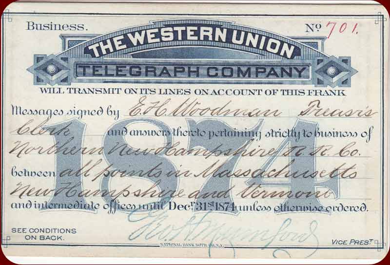 Western Union Business Frank 1874 - front