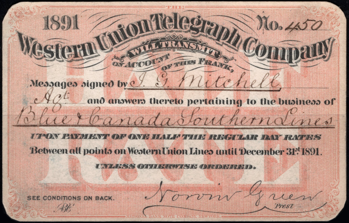 Western Union Business Frank 1891 half rate - 450 front