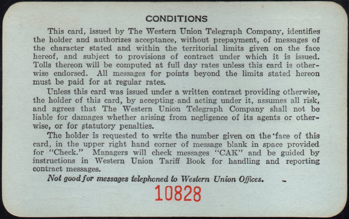 Western Union Charge Card 1935 - back