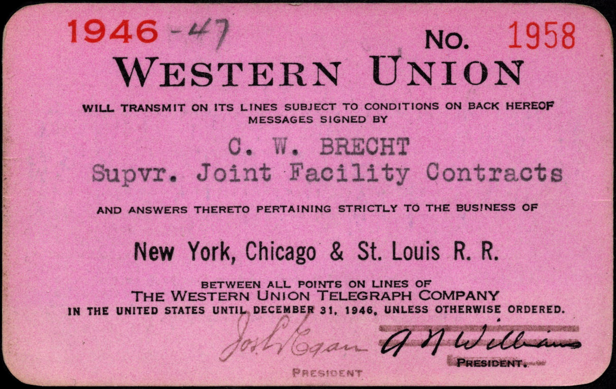 Western Union Charge Card 1946 - front, with President alteration