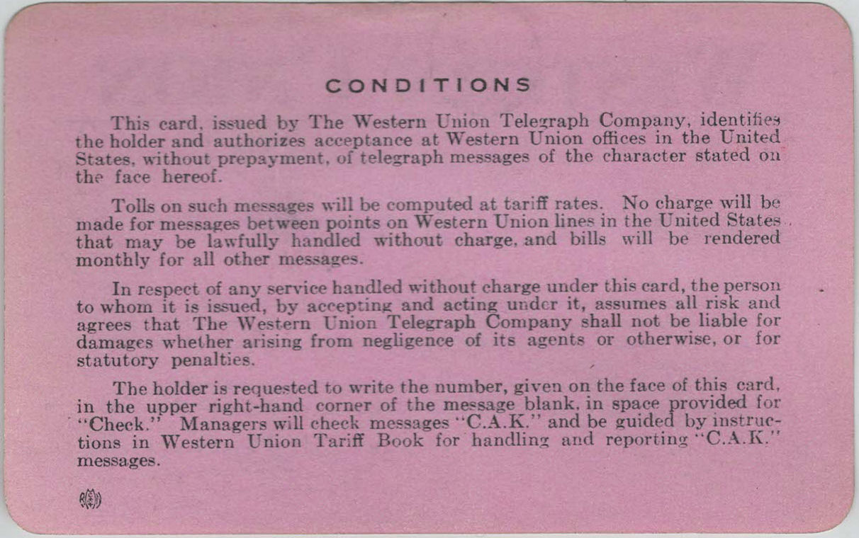 Western Union Personal Frank 1941 - back
