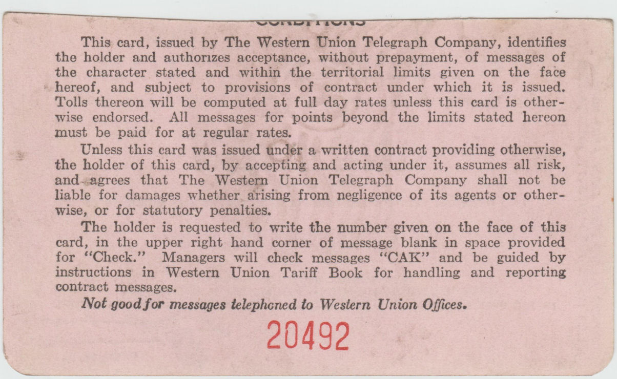 Western Union Charge Card 1937 - back
