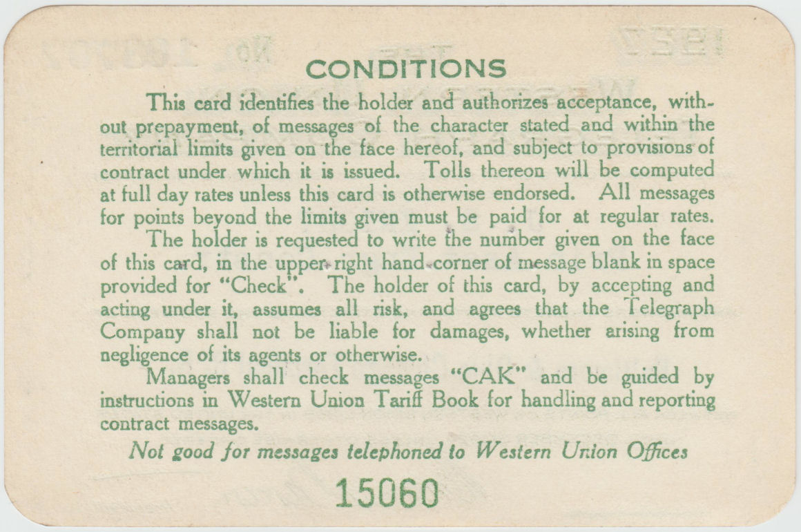 1927 Charge Card, - back