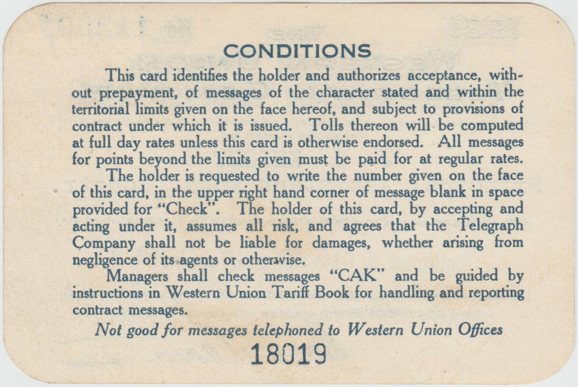 Western Union Charge Card 1931 - back