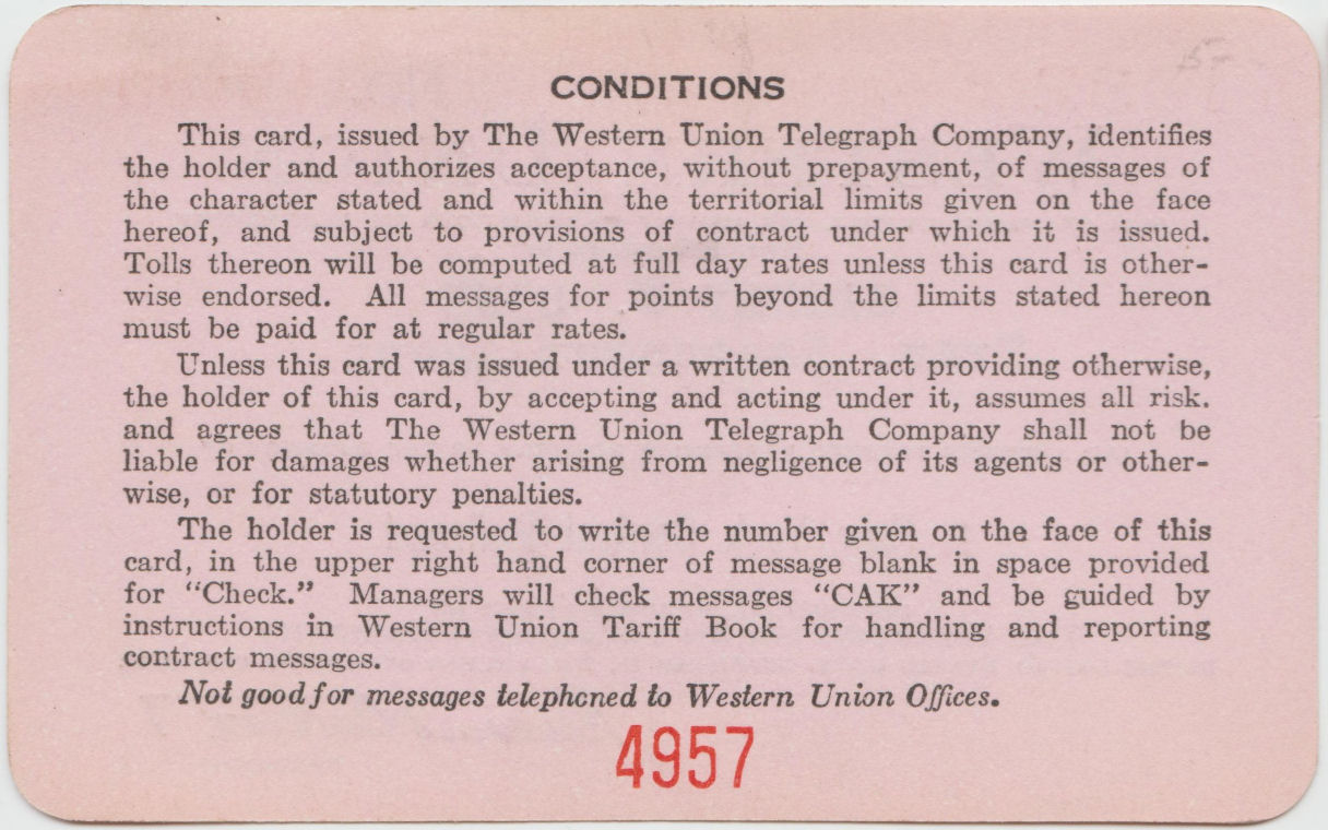 Western Union Charge Card 1932 - back