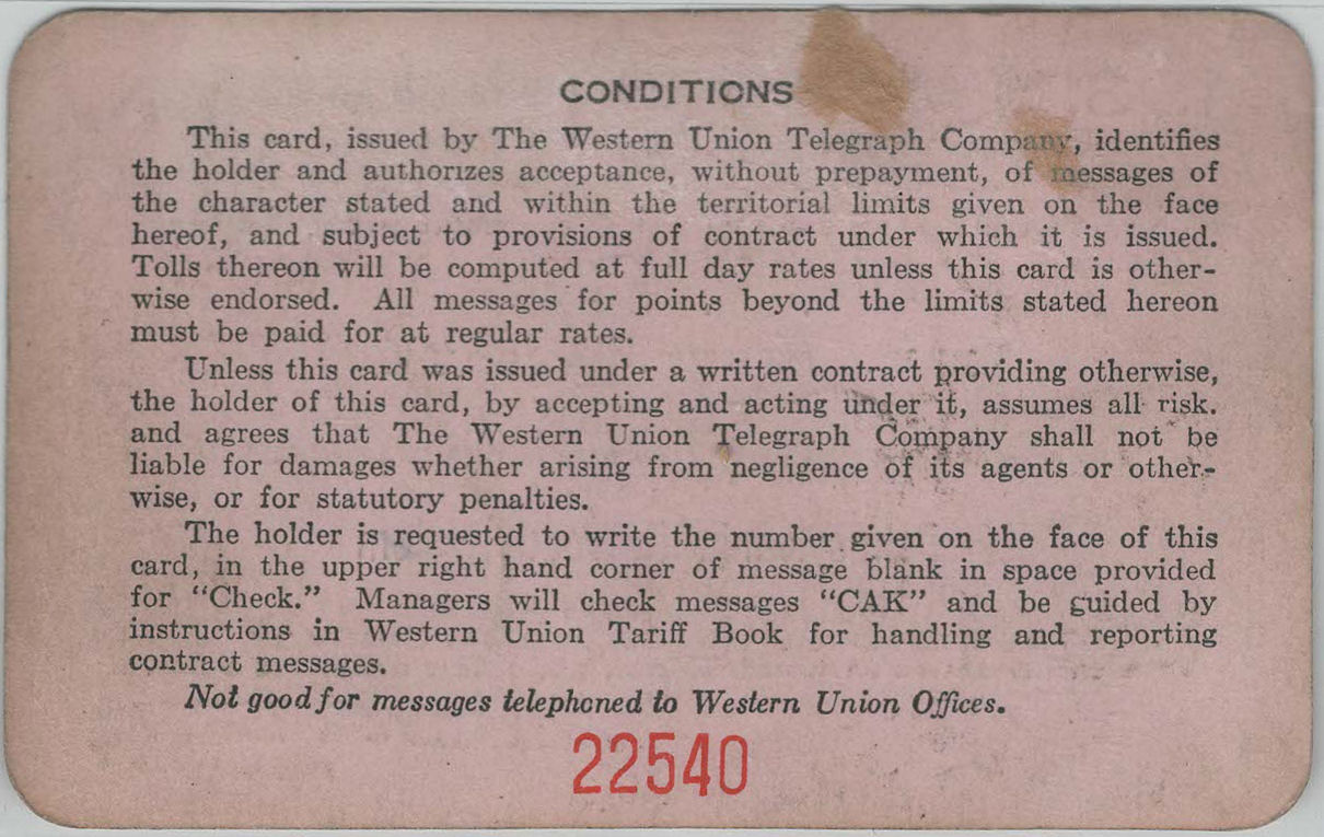 Western Union Charge Card 1932 - back