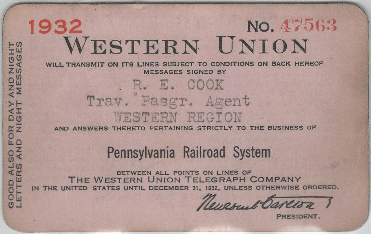 Western Union Charge Card 1932 - endorsed front
