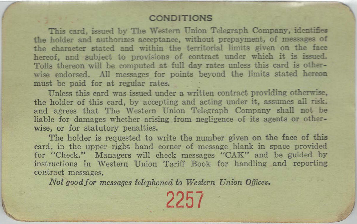 Western Union Charge Card 1933 - back