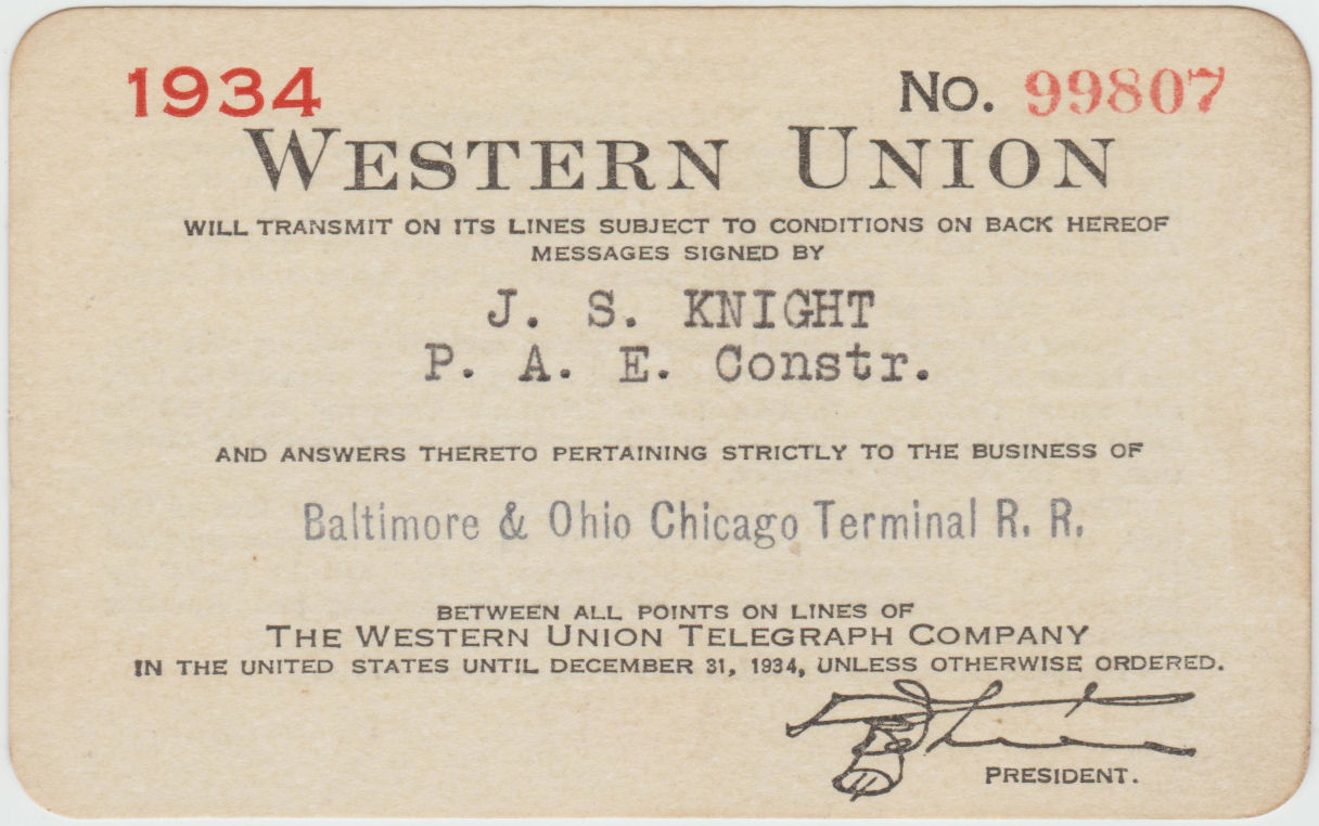 Western Union Charge Card 1934 - front