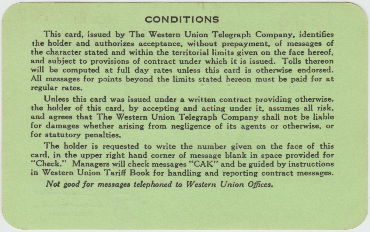 Western Union Charge Card 1936 - back