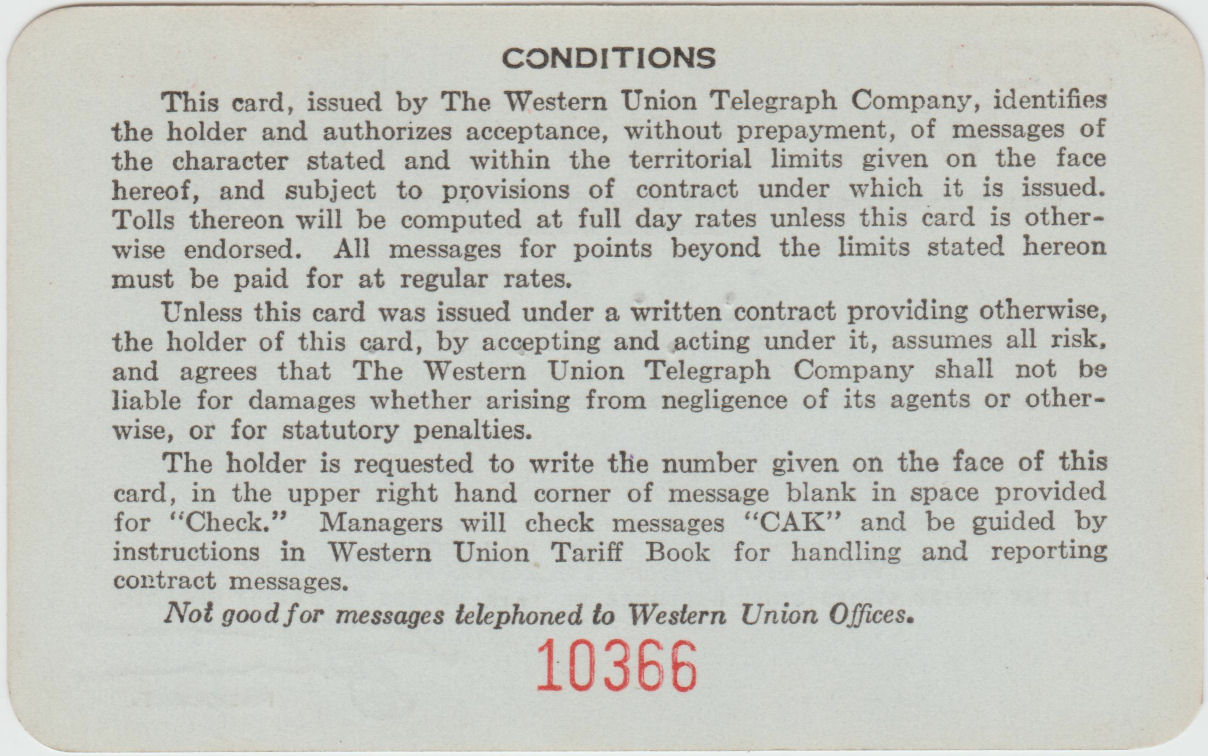 Western Union Charge Card 1938 - back