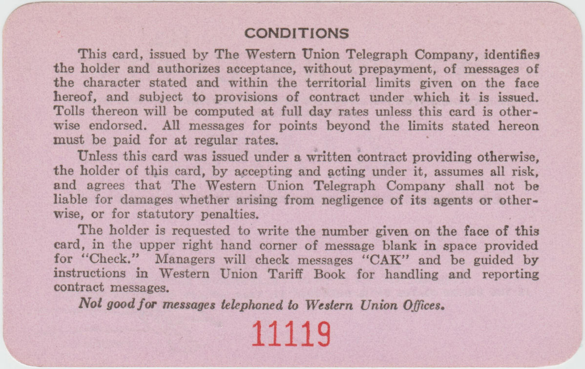 Western Union Charge Card 1939 - back