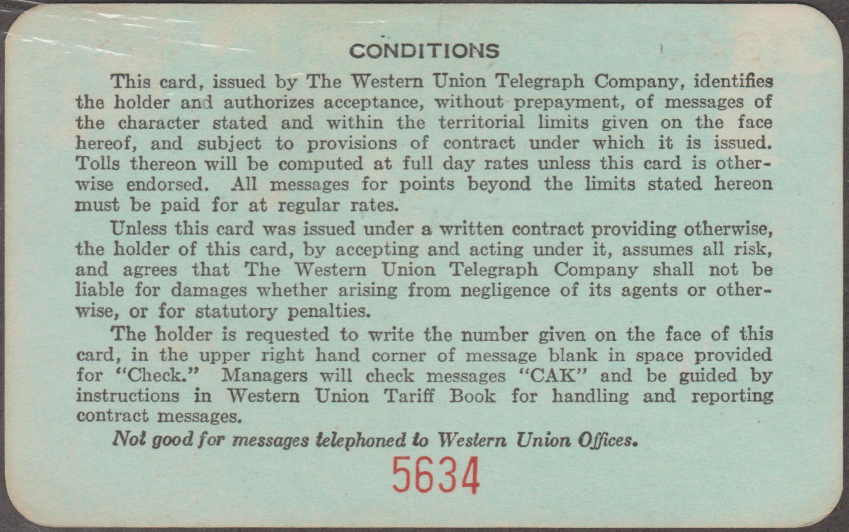Western Union Charge Card 1940 - back