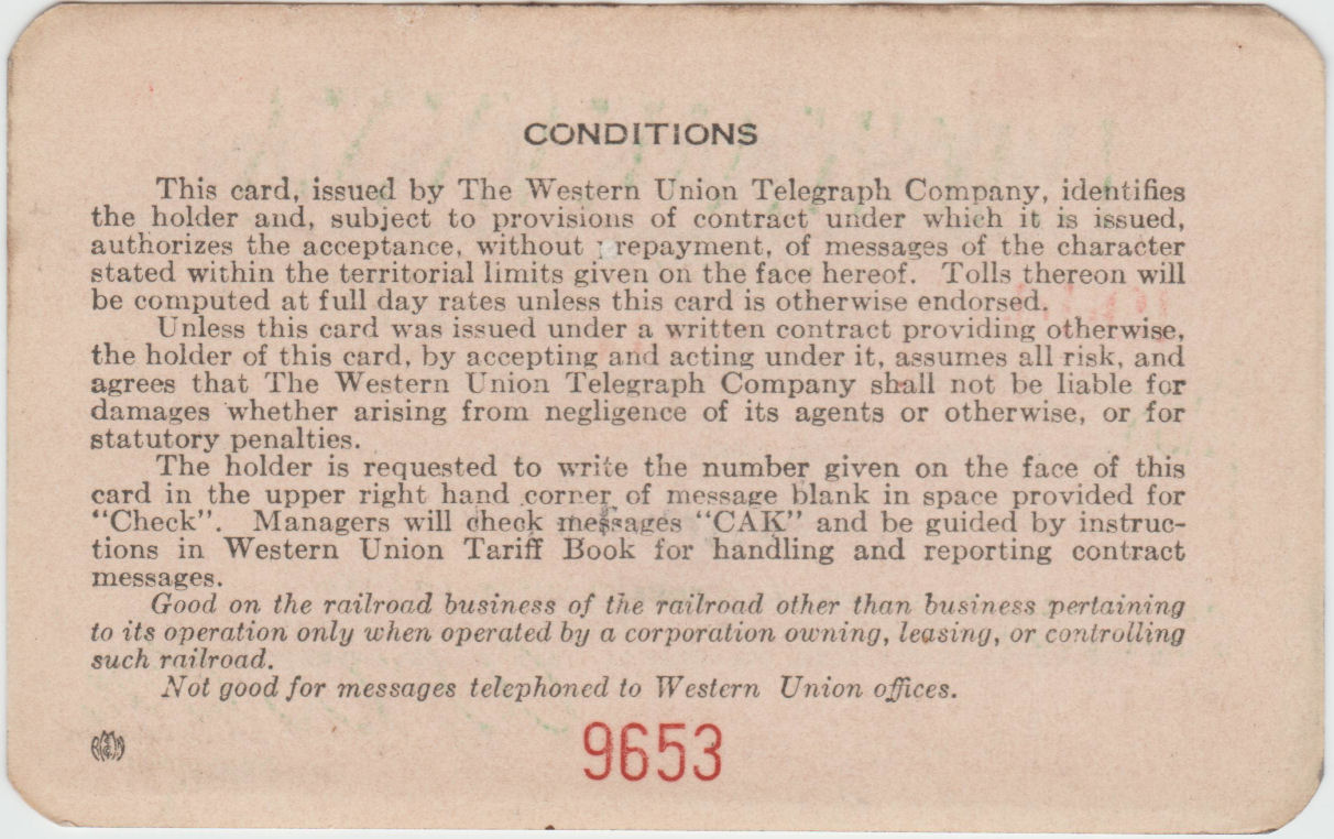 Western Union Charge Card 1944 - back