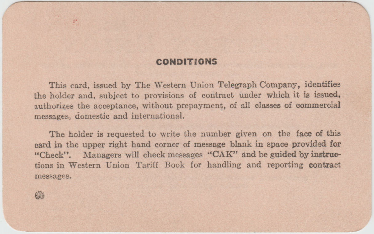 Western Union Charge Card 1947-48-49 - back