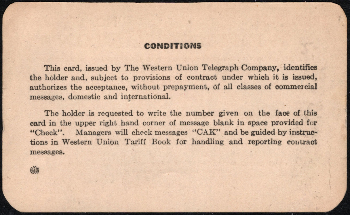 Western Union Charge Card 1947-48-49 - back