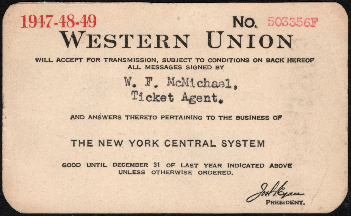 Western Union Charge Card 1947-48-49 - front.