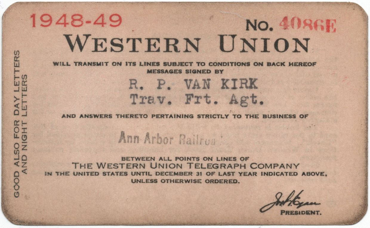 Western Union Charge Card 1948-49 - endorsement front, with President alteration