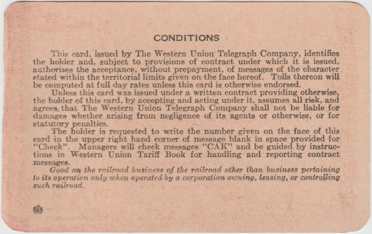Western Union Charge Card 1948-49 - back