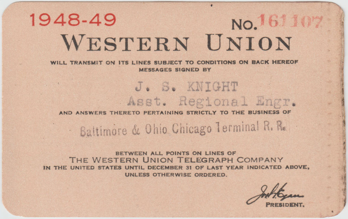 Western Union Charge Card 1948-49 - front, with President alteration