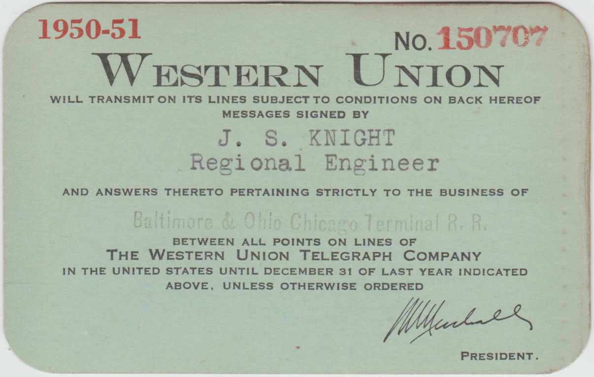 Western Union Charge Card 1950-51 Type I - front, with President alteration