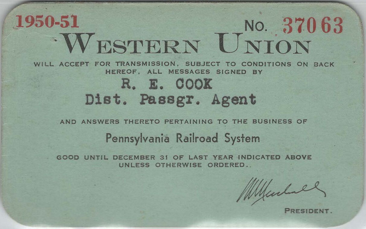 Western Union Charge Card 1950-51 Type II - front, with re-wording