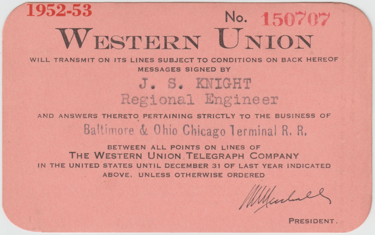 Western Union Charge Card 1952-53 Type I - front