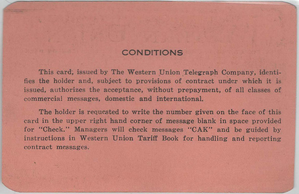 Western Union Charge Card 1952-53 Type II - back
