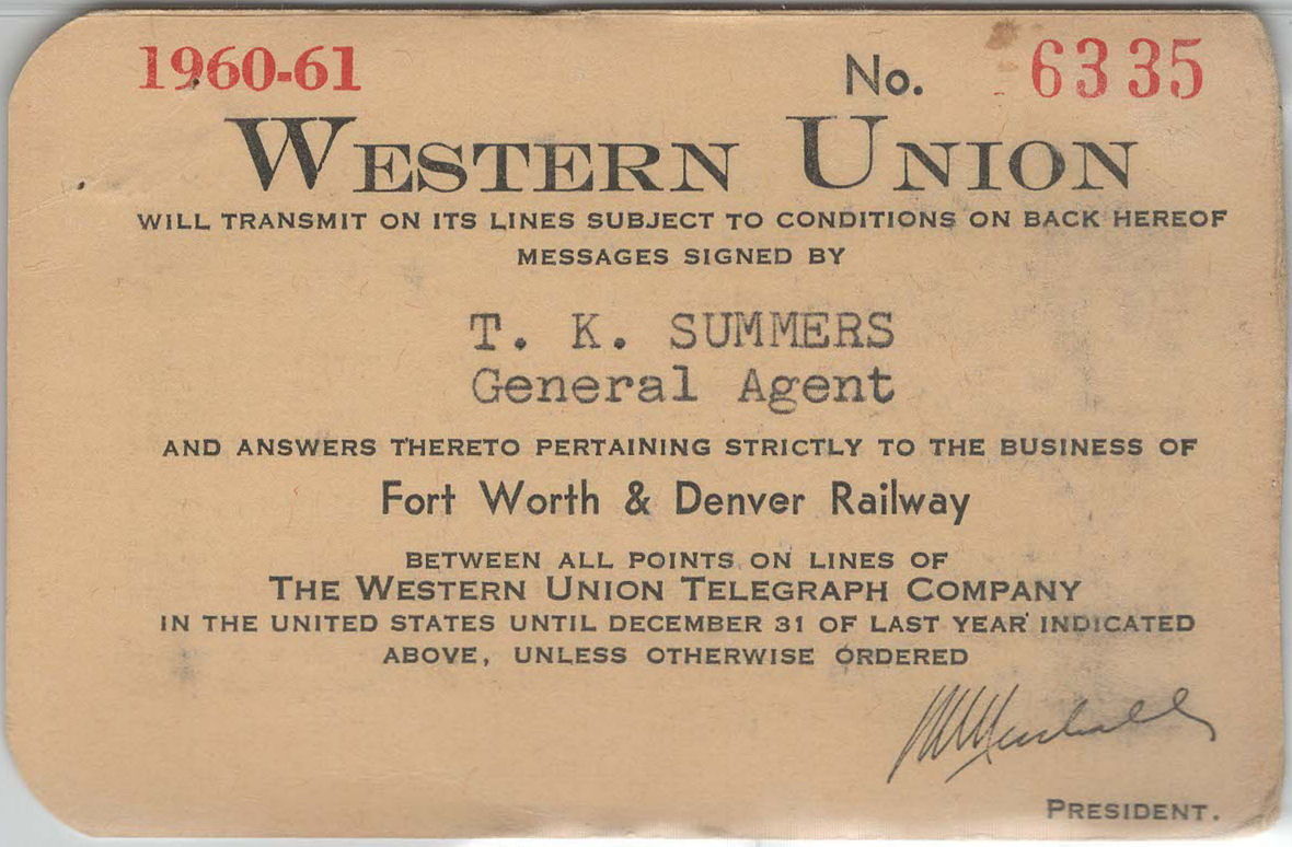 Western Union Charge Card 1960-61 - front, with President alteration