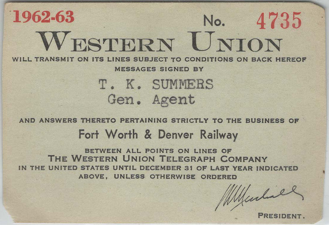 Western Union Charge Card 1962-63 - front, with President alteration