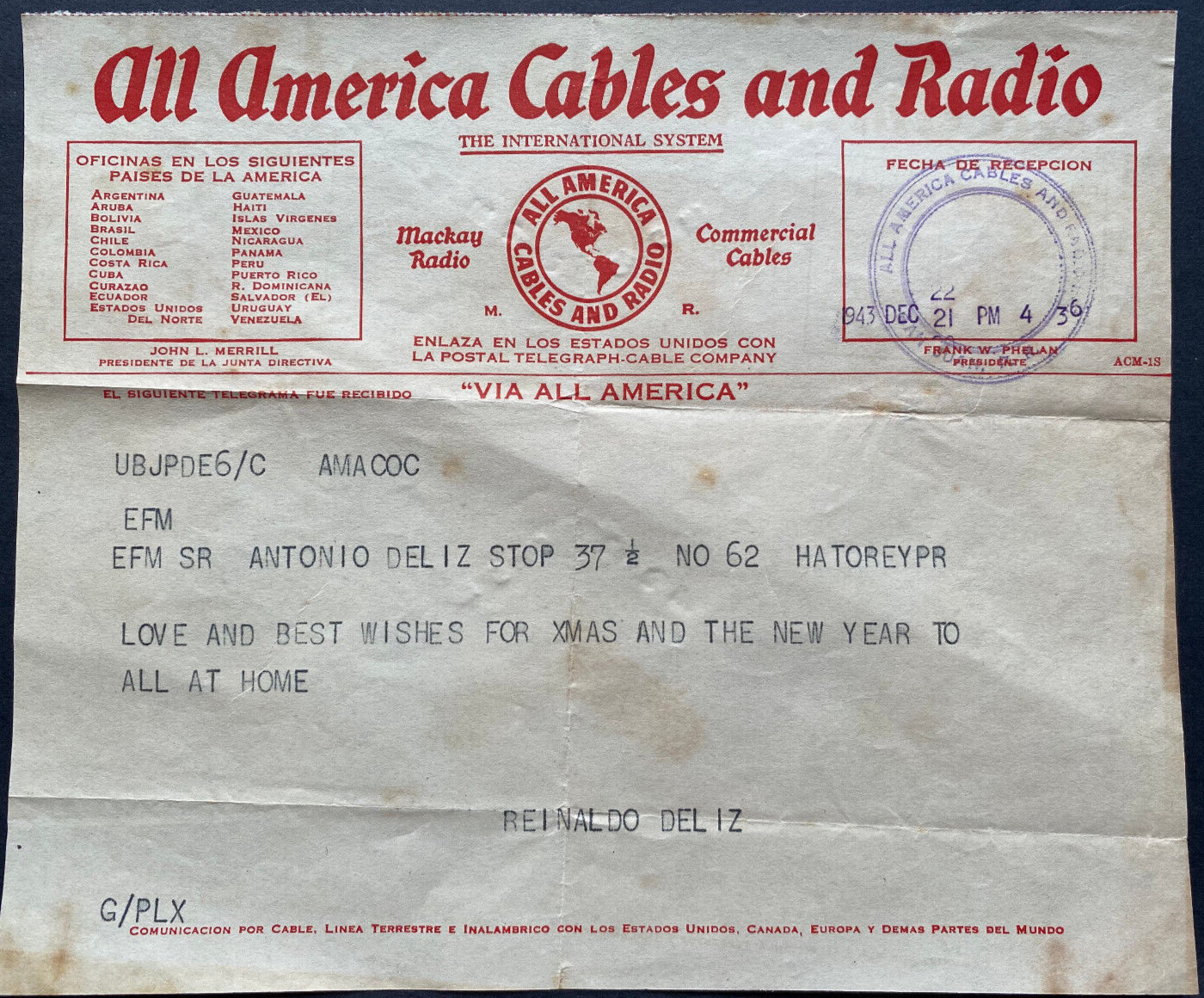 Puerto Rico telegram of 1943