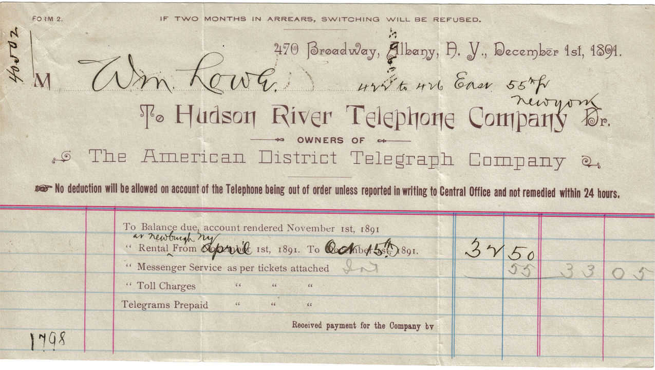 December 1891 Hudson River Telephone Company