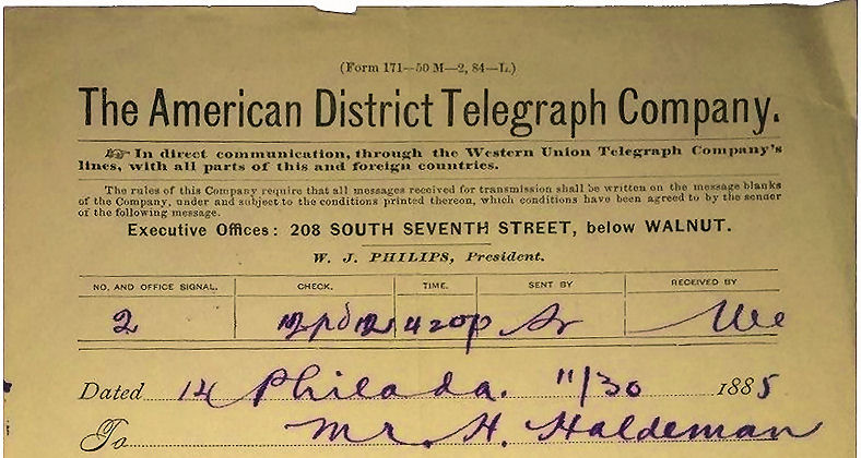 1885 Philadelphia telegram - top