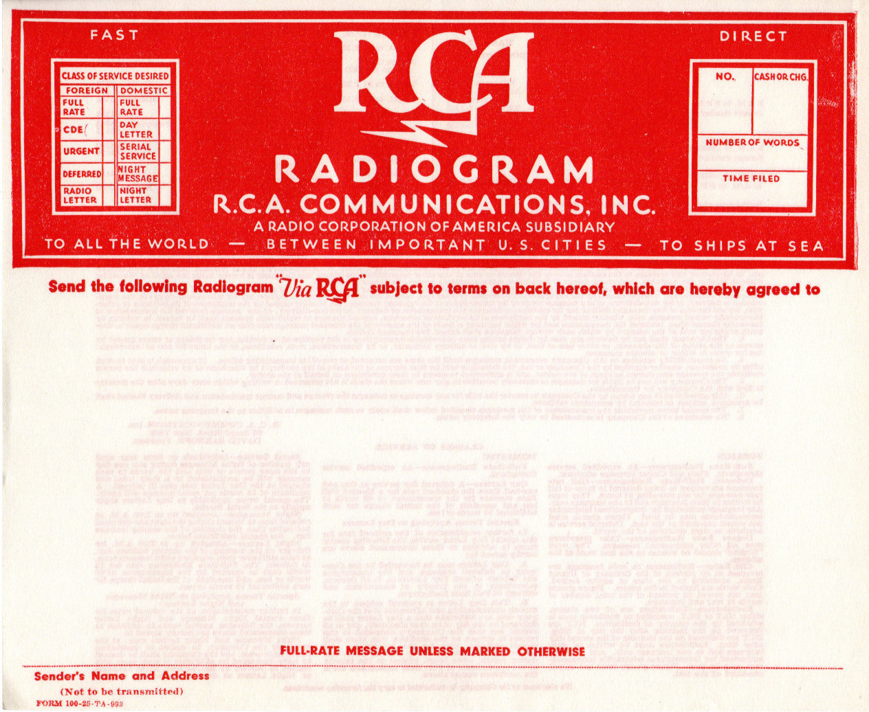 RCA form 100-25-TA-993 - front