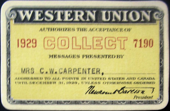 Western Union Collect Authorization 1929 - front