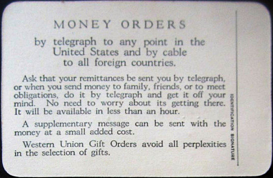 Western Union Collect Authorization 1929 - back