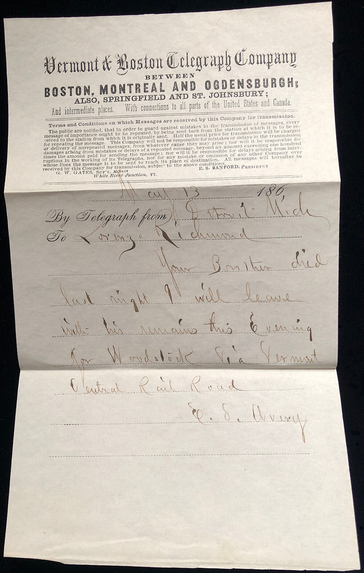 Vermont & Boston Telegraph Form 1860?