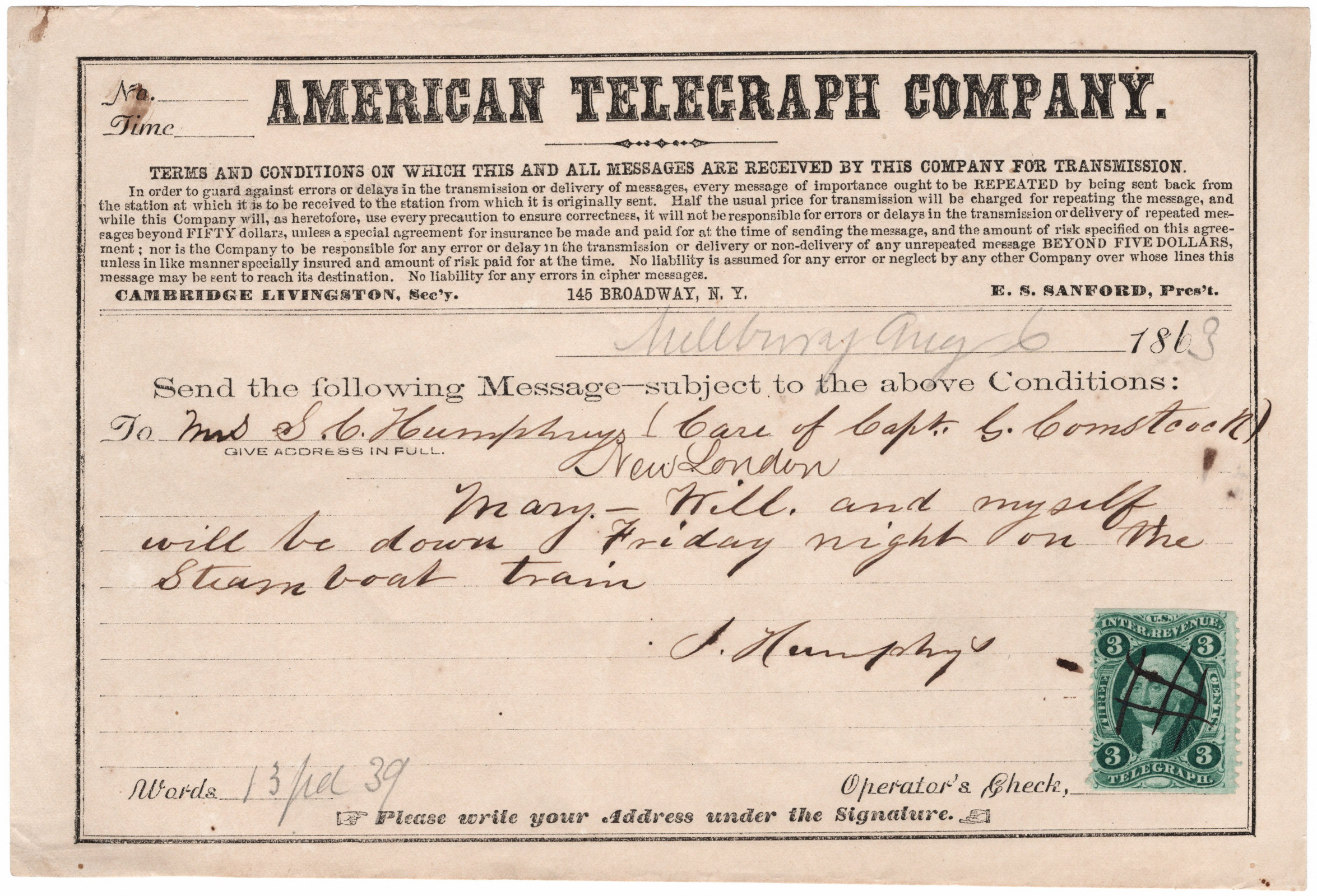 ATC. Telegraph form with 3c part-perf stamp