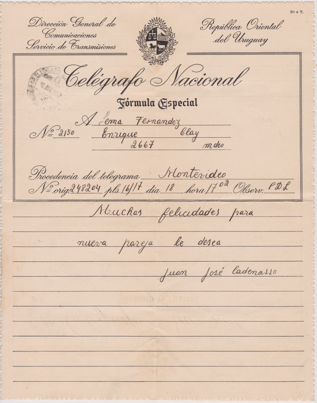 Special Telegram of 18-1-1947