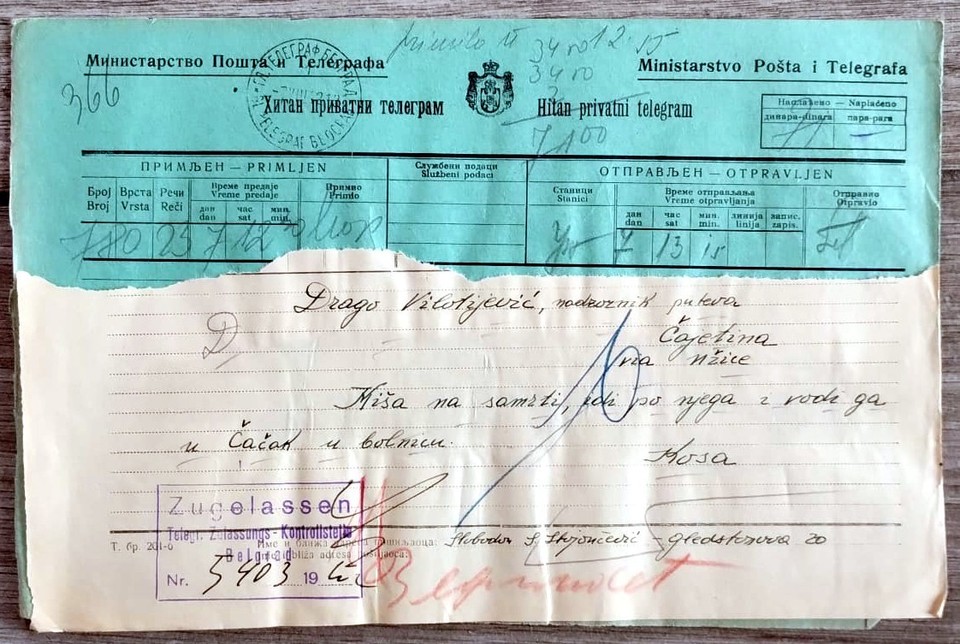 BiLing Urgent Private Telegram used 7/8/1942.