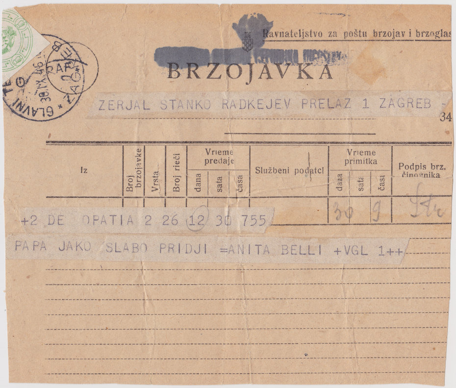 Overprinted telegram.