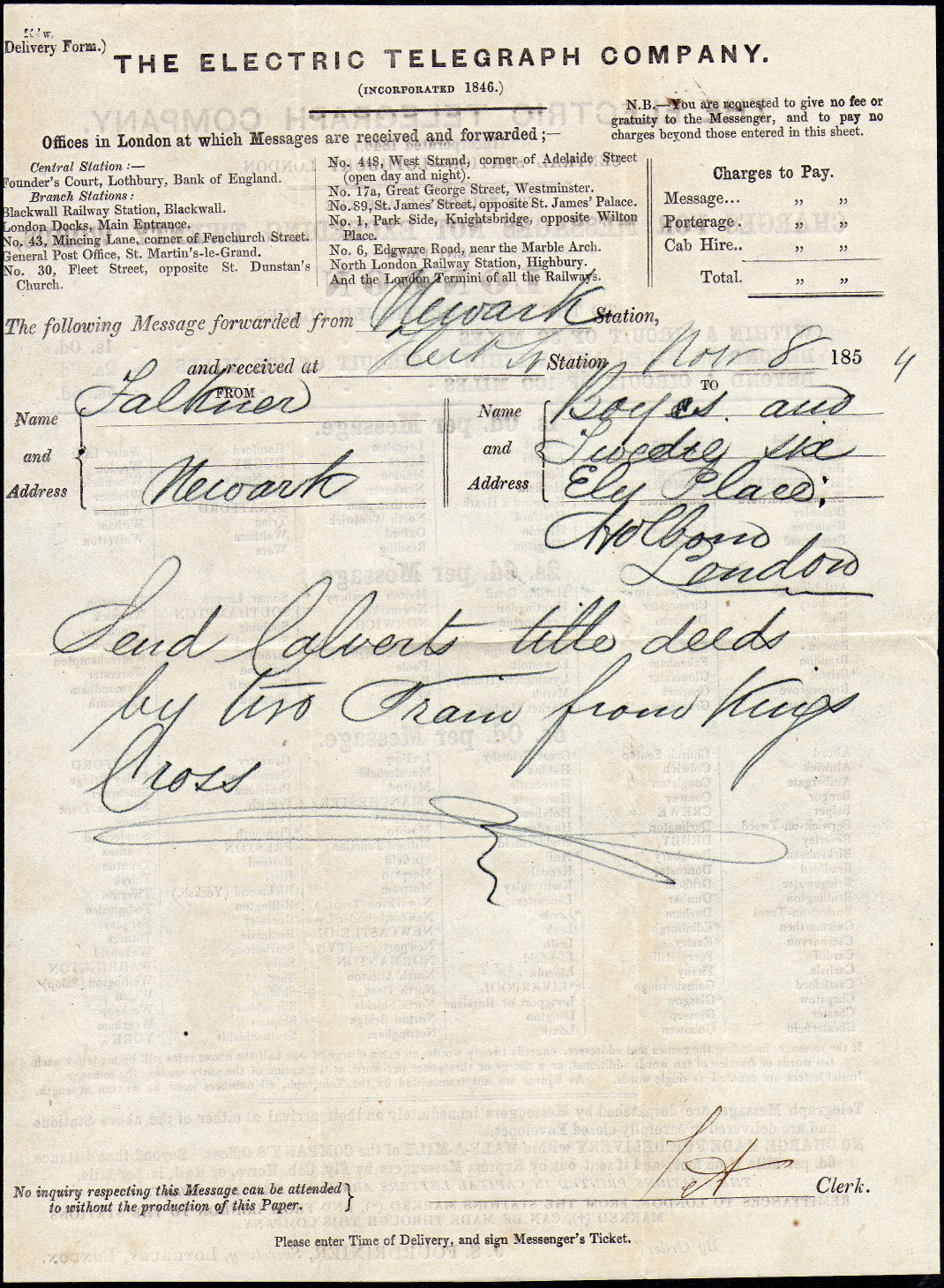 Electric Telegraph Company Stationery.