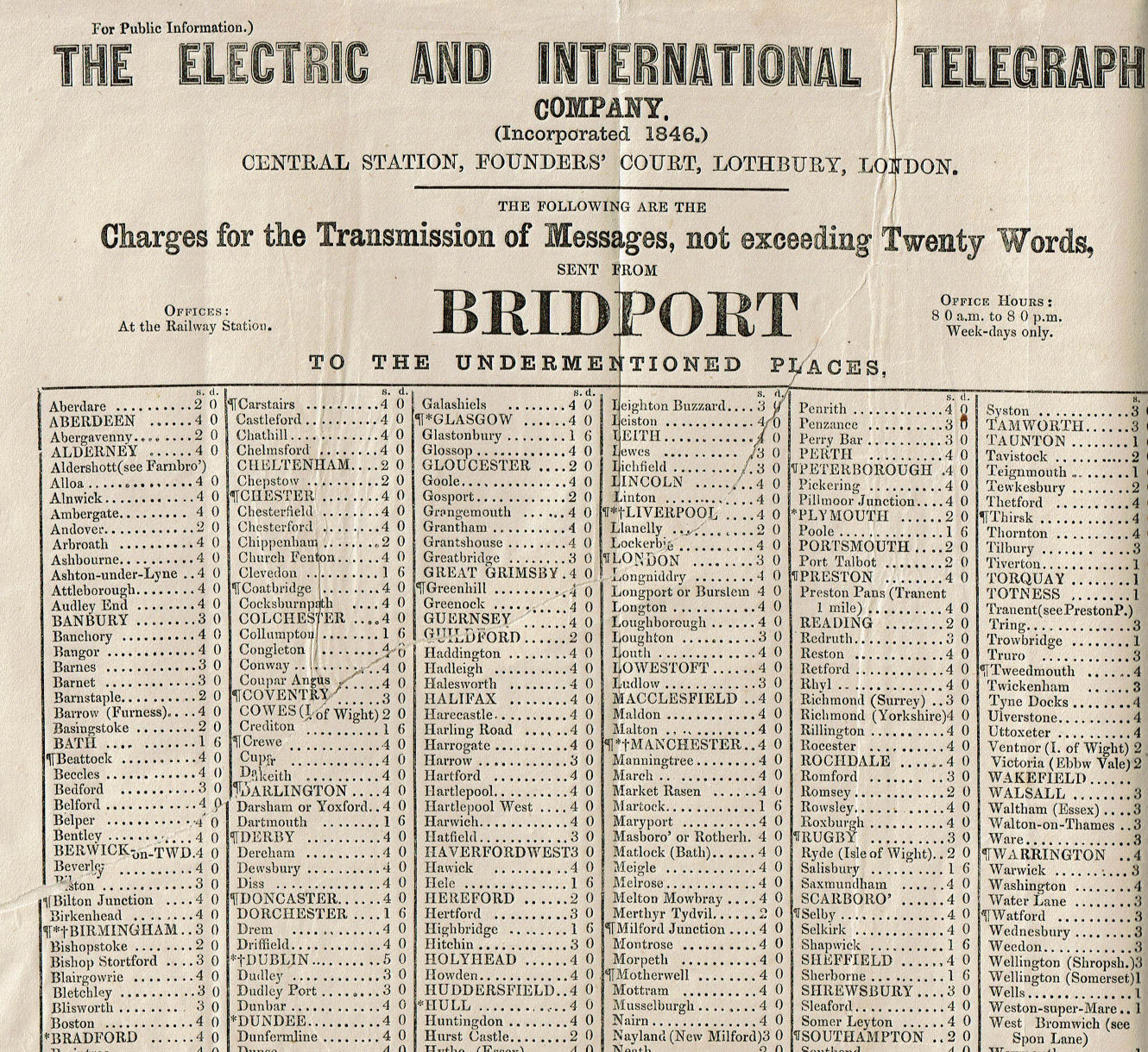 ET Bridport telegraph tariff