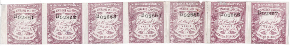 English & Irish Magnetic Telegraph Company strip of 1s6d x 7.