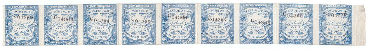 English & Irish Magnetic Telegraph Company strip of 2s6d x 9 - top.