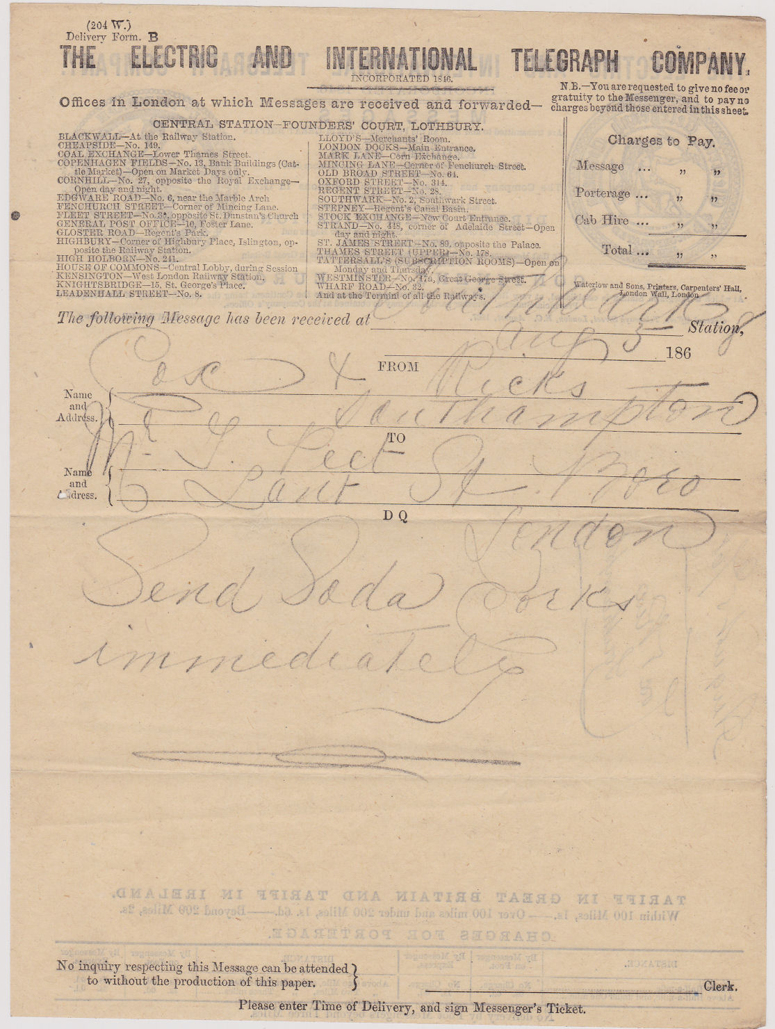 Electric Telegraph Company Form B - front.